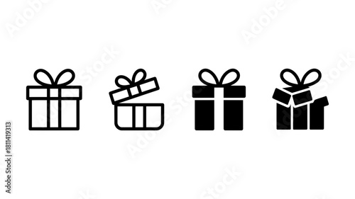 Gift box icon set vector illustration. present symbols with ribbon bows, closed and open, outline and filled variations for celebration, holiday, ui.