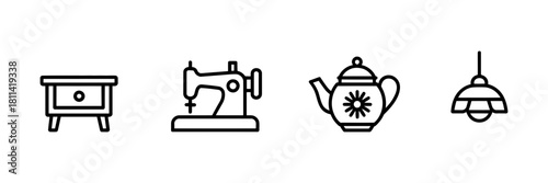 Home decor, craft, and kitchen essentials vector line icons set including a nightstand, sewing machine, teapot, and ceiling lamp