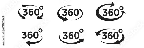 Six distinct 360-degree view icon variations featuring circular arrows, illustrating rotation, panorama, and virtual reality concepts for digital interfaces.
