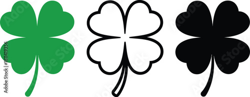 A versatile set of lucky four-leaf clover icons for Irish holiday celebrations, featuring green, outline, and silhouette styles