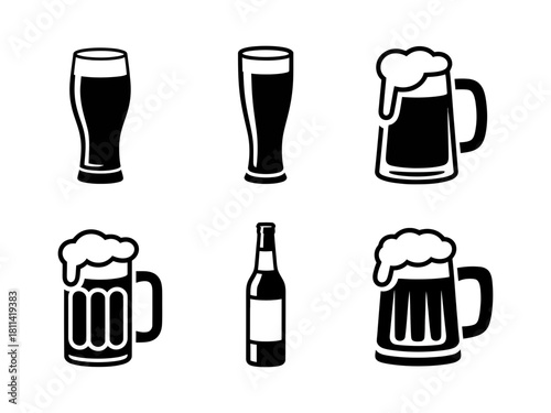 Beer glasses, mugs, and bottle icons set, perfect for beverage menus, pub decor, or celebrating happy hour with a refreshing drink vector illustration.