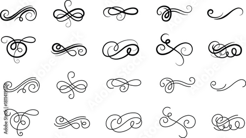 Elegant vintage calligraphic swirl set, ornate decorative flourish collection, classic filigree ornament group, swirl, curl, divider, scroll, border element, black line art design vector illustration