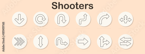 Shooters set icon. Arrows, curves, turns, bends, splits, sharp angles, double, straight, change, forward, backward. Direction, navigation, movement, path, pointer, way, symbol, traffic, map.