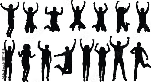 Silhouette jumping people vector set, energetic poses, black figures, dynamic motion, celebration, joy, freedom, dance, happiness, excitement, design