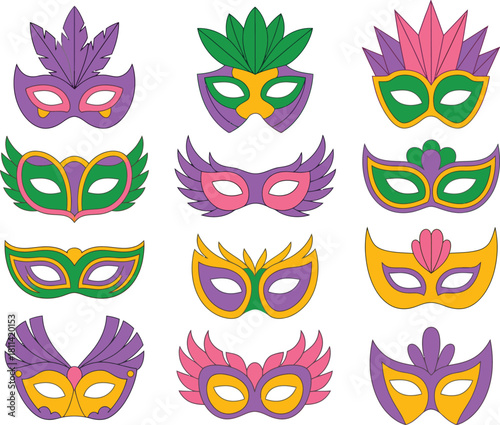 Festive collection of colorful Mardi Gras masks in a minimalist silhouette style, adorned with vibrant decorative elements and feathers for carnival celebrations