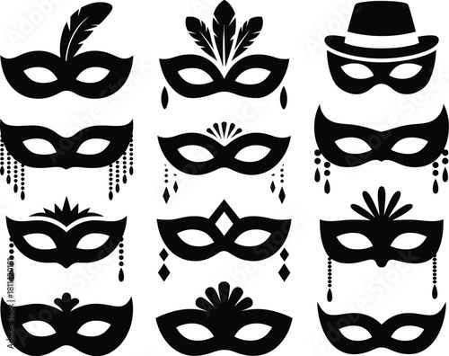 Elegant Collection of Silhouetted Masquerade Masks with Feather and Ornament Details