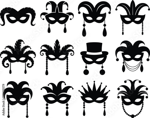 Collection of festive Venetian carnival masks and traditional masquerade accessories with feathers and beads