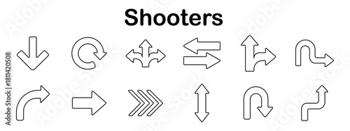 Shooters set icon. Line style arrows showing various directions including straight, curved, looped, rotated, bidirectional, and segmented paths for navigation or guidance
