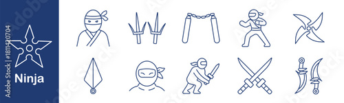 Ninja set icon. Shuriken, ninja, sai, nunchaku, fighter, star, hood, sword, duel, knife, mask. Stealth, combat, martial, weapon, ancient, skill, training, warrior, blade, agility.