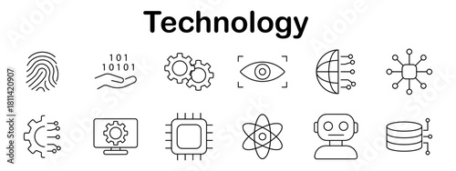 Technology set icon. Circuit board, fingerprint, chip, robot, atom, gear, server, database, binary code, computer screen, AI face, global network in line style