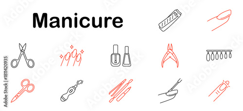 Manicure set icon. Nail polish, scissors, nail file, hand, brush, nippers, art, gel, electric tool, fingernail, hygiene, care, cosmetic, beauty, detail, salon, accessory.