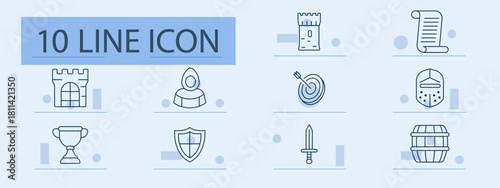 Medieval set icon. Line icons with castles, scroll, knight, helmet, target, sword, barrel, trophy, shield, hooded figure