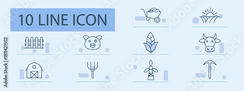 Farming set icon. Line icons with barn, pig, cow, corn, wheelbarrow, sunrise, pitchfork, windmill, fence, farmer life tools and animals