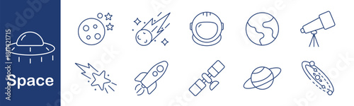 Space set icon. Rocket, planet, astronaut, satellite, meteor, galaxy, stars, telescope, UFO, impact. Universe, cosmos, exploration, flight, astronomy, science.