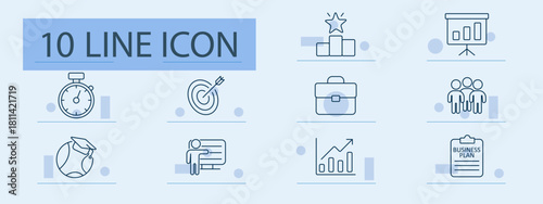 Business education set icon. Line icons showing stopwatch, target, podium, chart board, globe cap, teacher, briefcase, group, business plan, upward graph