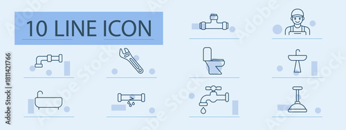Plumbing set icon. Faucet, wrench, toilet, sink, pipe, bathtub, plunger, plumber, dripping, connection, bathroom, repair, leak, service, installation, flow, tool, drain, maintenance