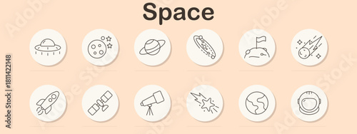 Space set icon. UFO, planets, galaxy, moon, crater, meteor, rocket, satellite, telescope, star, Earth, helmet shown with smooth linear shapes and clean circles.