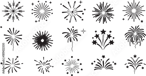 Collection of various black and white stylized firework explosion icons and symbols