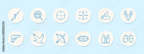 Hunting set icon. Circular line icons showing rifle, crosshair, deer, bow, bird, knife, bullet, binoculars, trap, paw print, and sight in a hunting-themed visual set