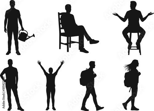 Silhouette people vector set, sitting, standing, walking, watering, gesturing, backpack, black figures, posture, activity, motion, design, illustration