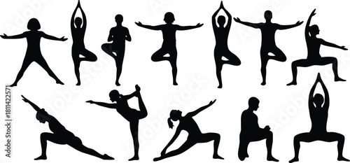 Yoga poses silhouette collection showing diverse stretching and balance exercises in black on light background