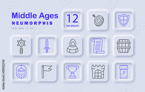Middle Ages set icon. Knight, castle, flag, sword, helmet, scroll, barrel, shield, mace, tournament cup, tower and archery target medieval era tools and symbols.