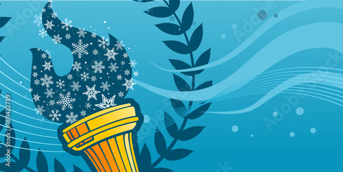 Winter sport torch with snow flakes flame and laurel wreath, vector illustration background with blue copy space