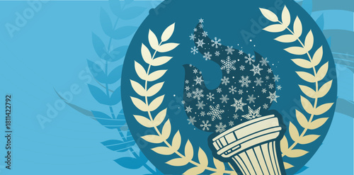 Winter sport torch with snow flakes flame and laurel wreath, vector illustration background with blue copy space