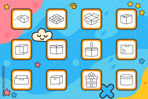 Box set icon. Delivery, opened, return, cardboard, packaging, shipping, unboxing, gift, parcel, motion, logistics, round container, post, order, closed.