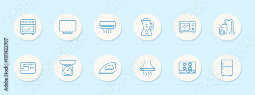 Home appliances set icon. Oven, monitor, air conditioner, blender, microwave, vacuum, sewing machine, kitchen scale, iron, hood, stove, refrigerator.