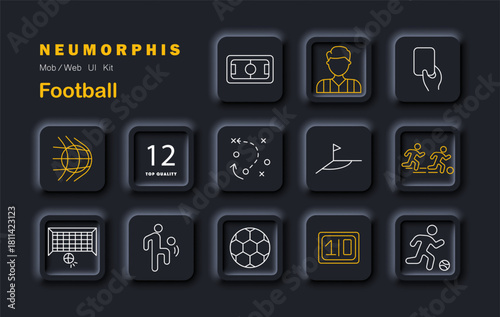 Football set icon. Field, ball, net, whistle, player, card, strategy, goalpost, scoreboard, referee, dribble, flag in outlined neumorphic sports design.