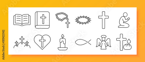 Christianity set icon. Bible, cross, prayer, angel, fish, rosary, candle, faith, worship, church, heart, crown, believer, bread, religion, hope, salvation, peace, grace, devotion.