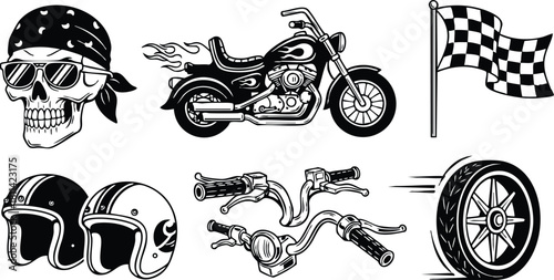 Skull with bandana and sunglasses motorcycle design elements with vintage helmet, racing wheel and checkered flag illustrations