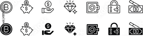 Finance and Cryptocurrency Icons Set, Money, Bitcoin, Piggy Bank, Diamond, Digital Wallet, Security Lock, and Cash Symbol Vector Collection for Business and Technology.
