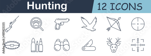 Hunting set icon. Rifle, paw print, pistol, duck, bow, target, bear trap, bullets, binoculars, pocketknife, deer, and crosshair in outlined wilderness theme.