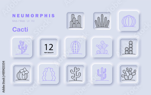 Cacti set icon. Shows various cactus plants with different shapes, spines, pads, blossoms, columnar and rounded forms, number badge