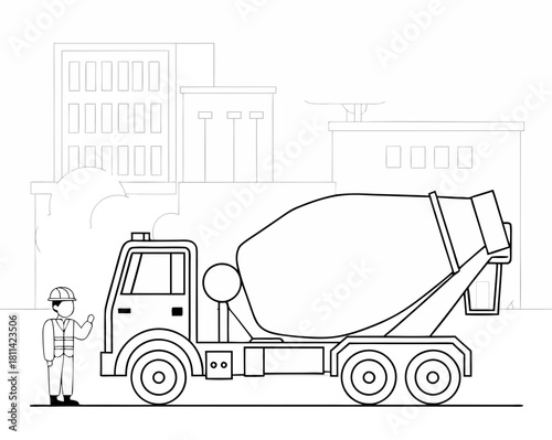 Line art cement truck construction worker standing next to mixer drum city background