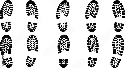 Black Shoe Prints Pattern on White Background with Various Footwear Tracks and Tread Designs