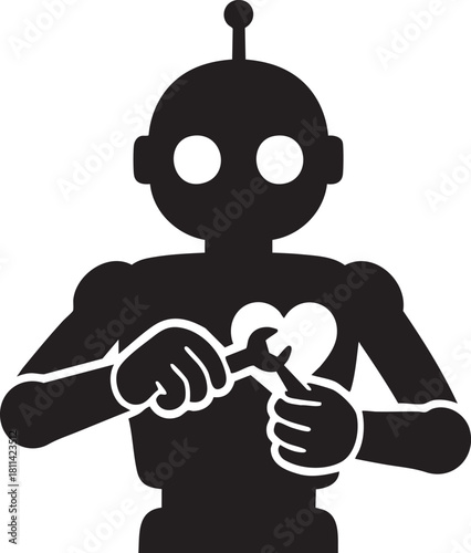 Robot repairing its own heart silhouette vector