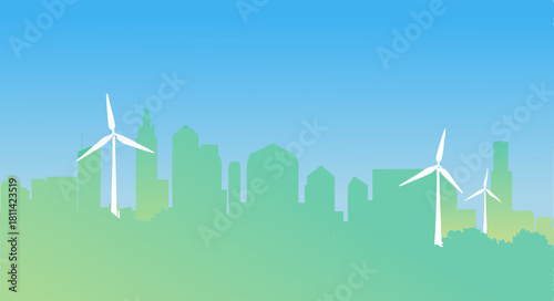 City skyline silhouette with wind turbines against a gradient blue and green sky