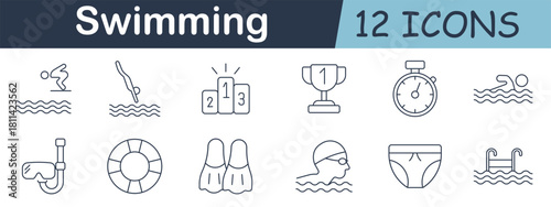 Swimming set icon. Swimmer dives, strokes, podium, stopwatch, trophy, snorkel, lifebuoy, fins, cap, swim briefs, and pool ladder drawn in aquatic sports theme.