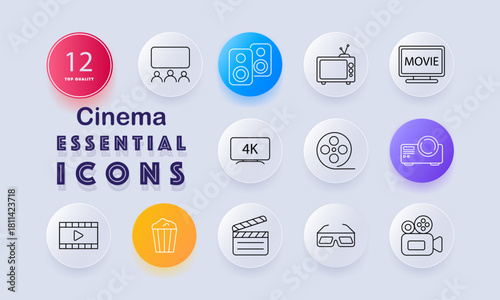 Cinema set icon. Audience screen, speakers, retro TV, movie display, 4K screen, film reel, projector, play frame, popcorn, clapperboard, glasses, video camera