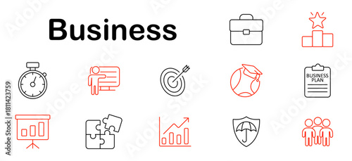 Business set icon. Briefcase, chart, plan, puzzle, team, stopwatch, goal, growth, manager, learning, strategy, progress, profit, shield, insurance, meeting.
