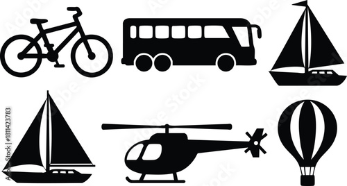 Various transportation icons including bicycle bus sailboat helicopter hot air balloon in simple black silhouette design