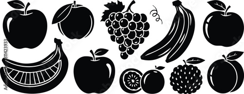 Black and white vector fruit icons including apple, banana, grapes, peach, kiwi, and raspberry silhouette collection