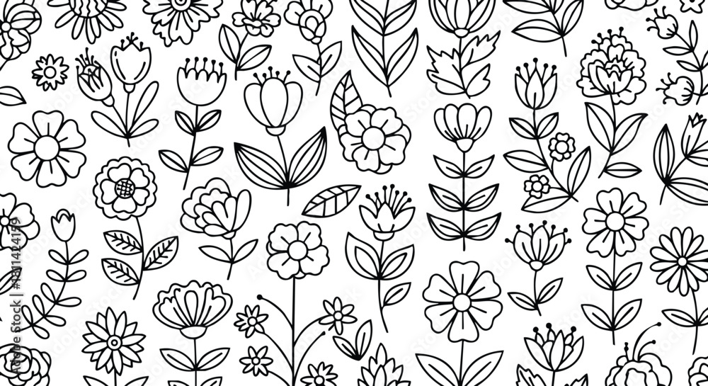 Fototapeta premium Black and white line art floral pattern with various hand-drawn flowers and leaves in seamless arrangement for coloring or design purposes