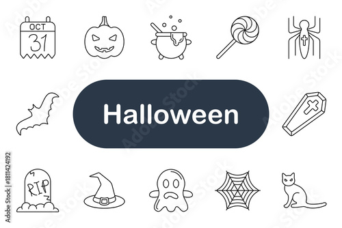 Halloween set icon. Calendar, pumpkin, cauldron, lollipop, spider, bat, coffin, tombstone, hat, ghost, web, cat, celebration, costume, night, trick, fear, autumn, party, spooky.