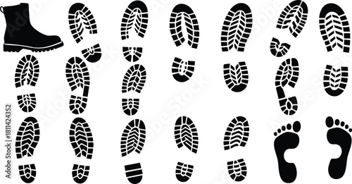 Black boot and bare footprints with distinct patterns on white background for tracking or identification