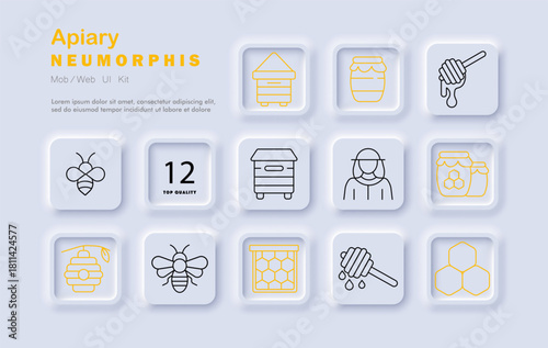 Apiary set icon. Line icons include beehive, bee, jar, honey dipper, honeycomb, beekeeper, frame, hive box, droplets, and hexagon shapes in a soft neumorphic style.
