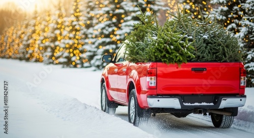Red truck driving through snowy road carrying Christmas trees with warm festive winter atmosphere